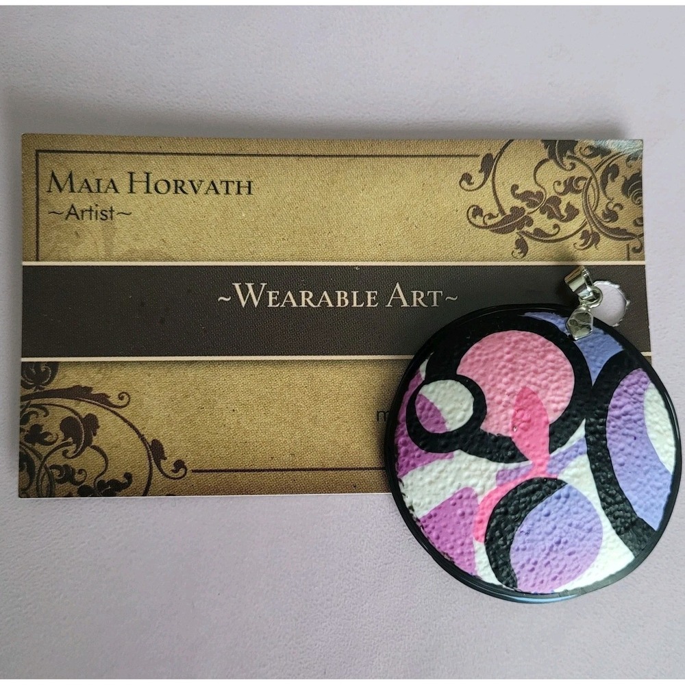 Maia Horvath Clay Wearable Art Pendant 18K Gold Plated Pink Purple Abstract